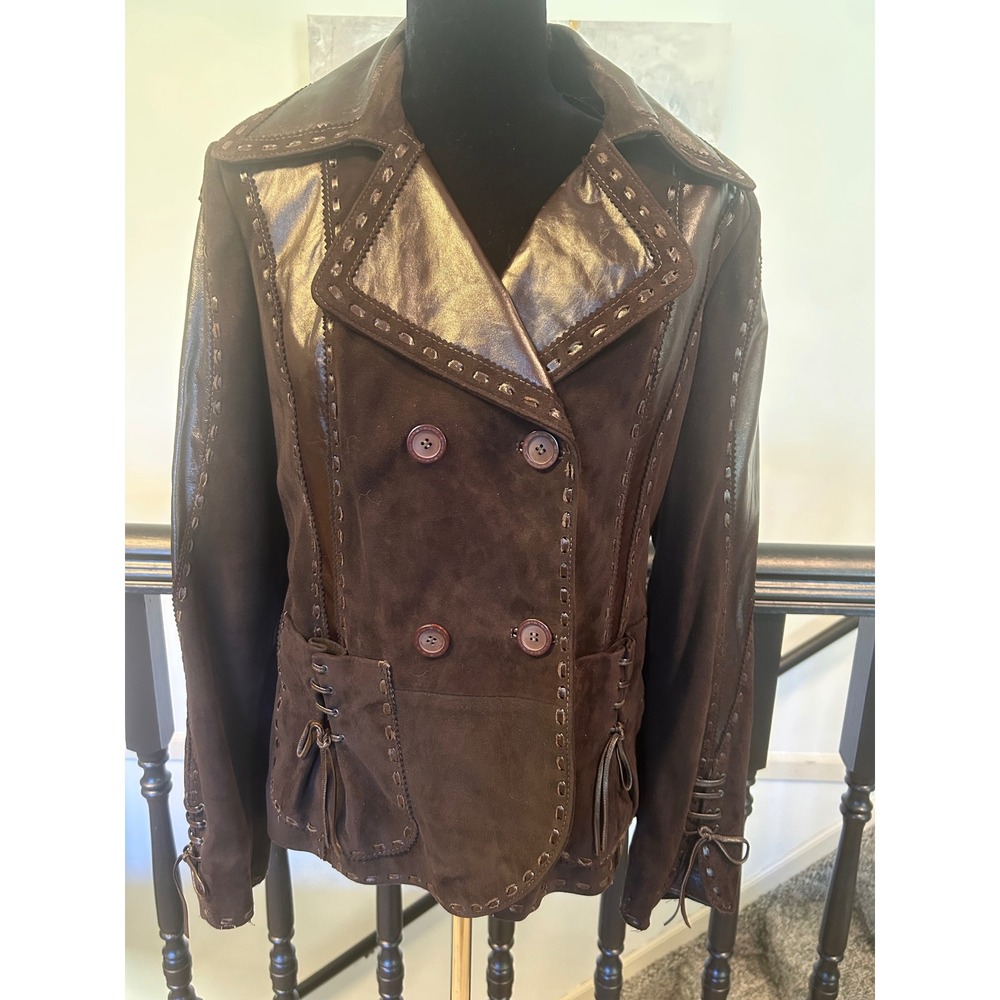 Bourgeon Rhomberg Brown Suede Leather Whipstitch Double Breasted Jacket Womens
